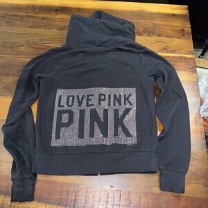 Vintage Y2K Victoria's Secret PINK Black Silver Bling Rhinestone Zip Up Hoodie S